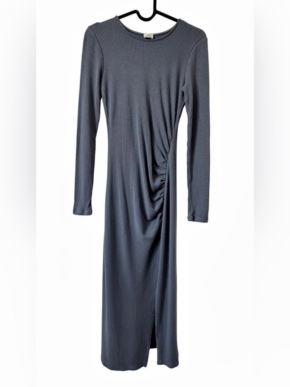 Wilfred Long Sleeve Ribbed Midi Dress with Ruching and Side Slit Gray